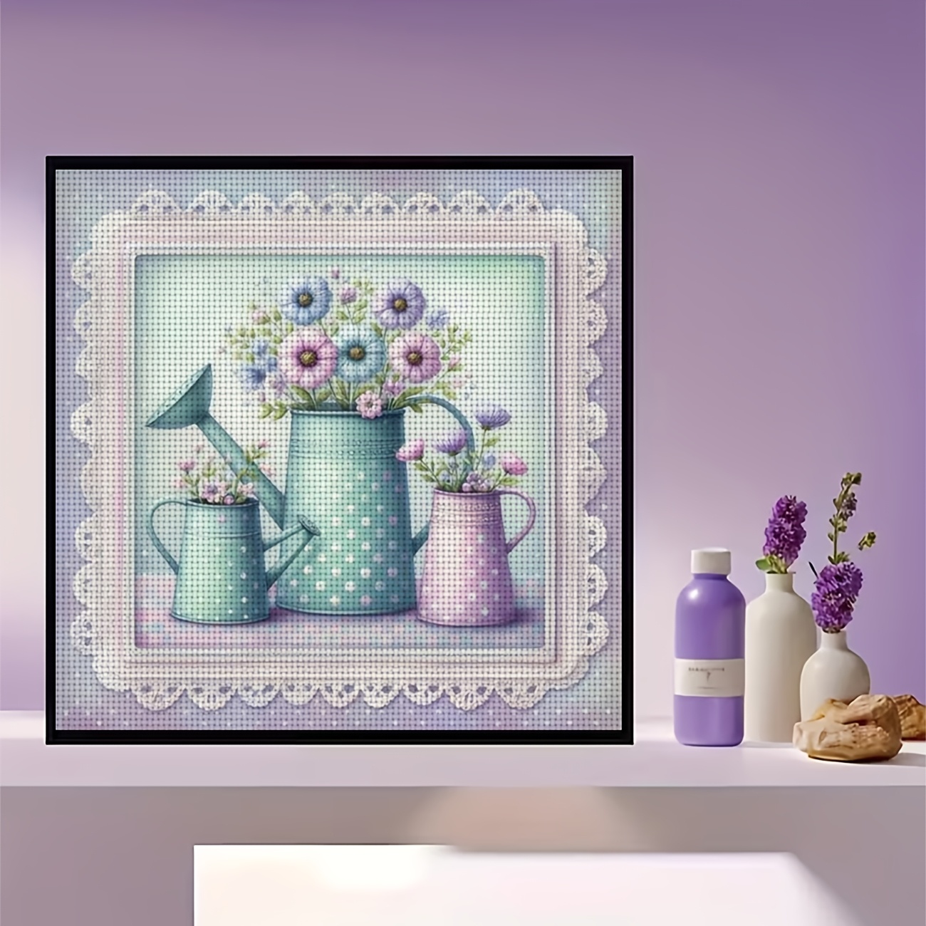 Cross Stitch Kit, "Colorful Watering Can with Fresh Flowers" Pattern