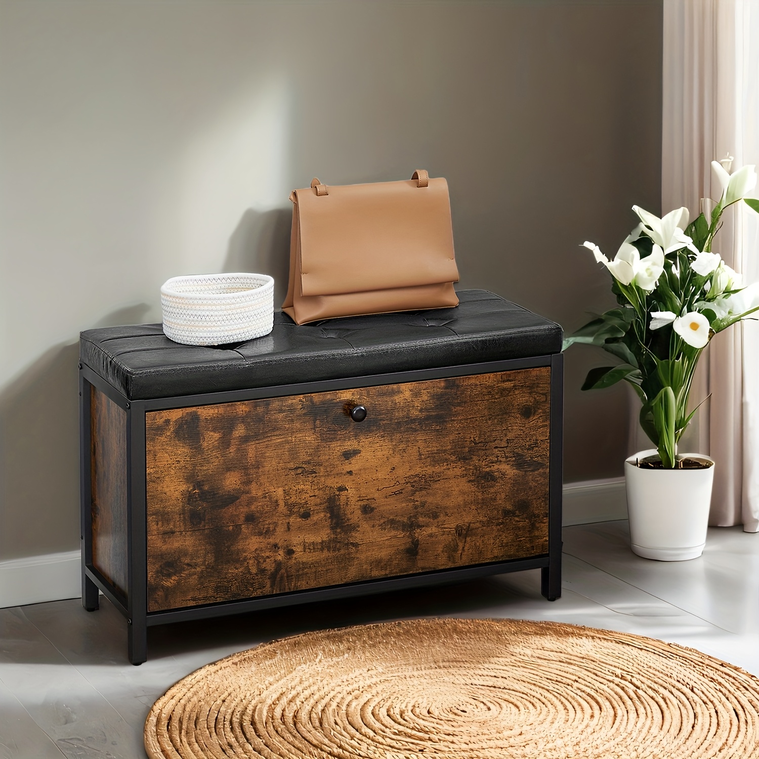 TEMU Industrial Shoe Storage Bench With Cushioned Seat - Heavy-duty Shoe Organizer, 2-row Drawer For Entryway, Living Room, Closet - Space-saving
