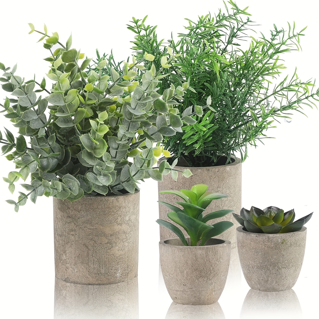 Image of 4 Set Artificial Plants Indoors In Pots Plastic Potted, Eucalyptus, Rosemary, Small Fake Succulents Faux Plants For Office Desk Bedroom Kitchen House Decoration