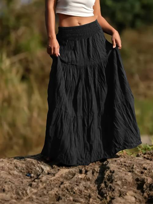 womens casual waist high pleated long skirt multi layer hem solid for spring summer fall casual attire casual attire hem skirt waist pleated skirt