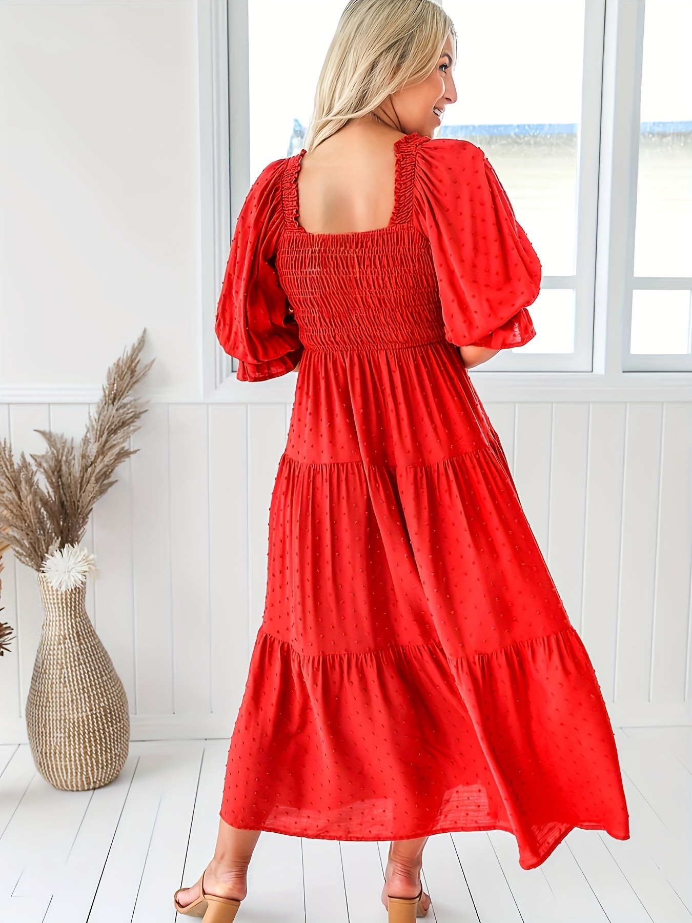 womens elegant red vacation dress long sleeve ruched - Temu Oman