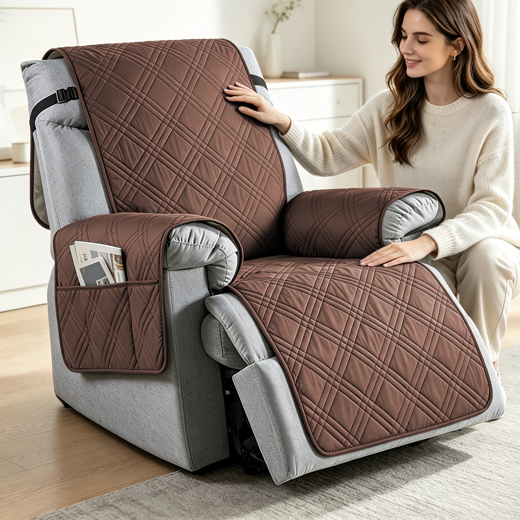 TEMU 1pc Recliner Cover With Pockets, Pet Mat, Washable And Durable Furniture Sofa Protector For Bedroom, Office, Living Room, Enhances Home Decor,