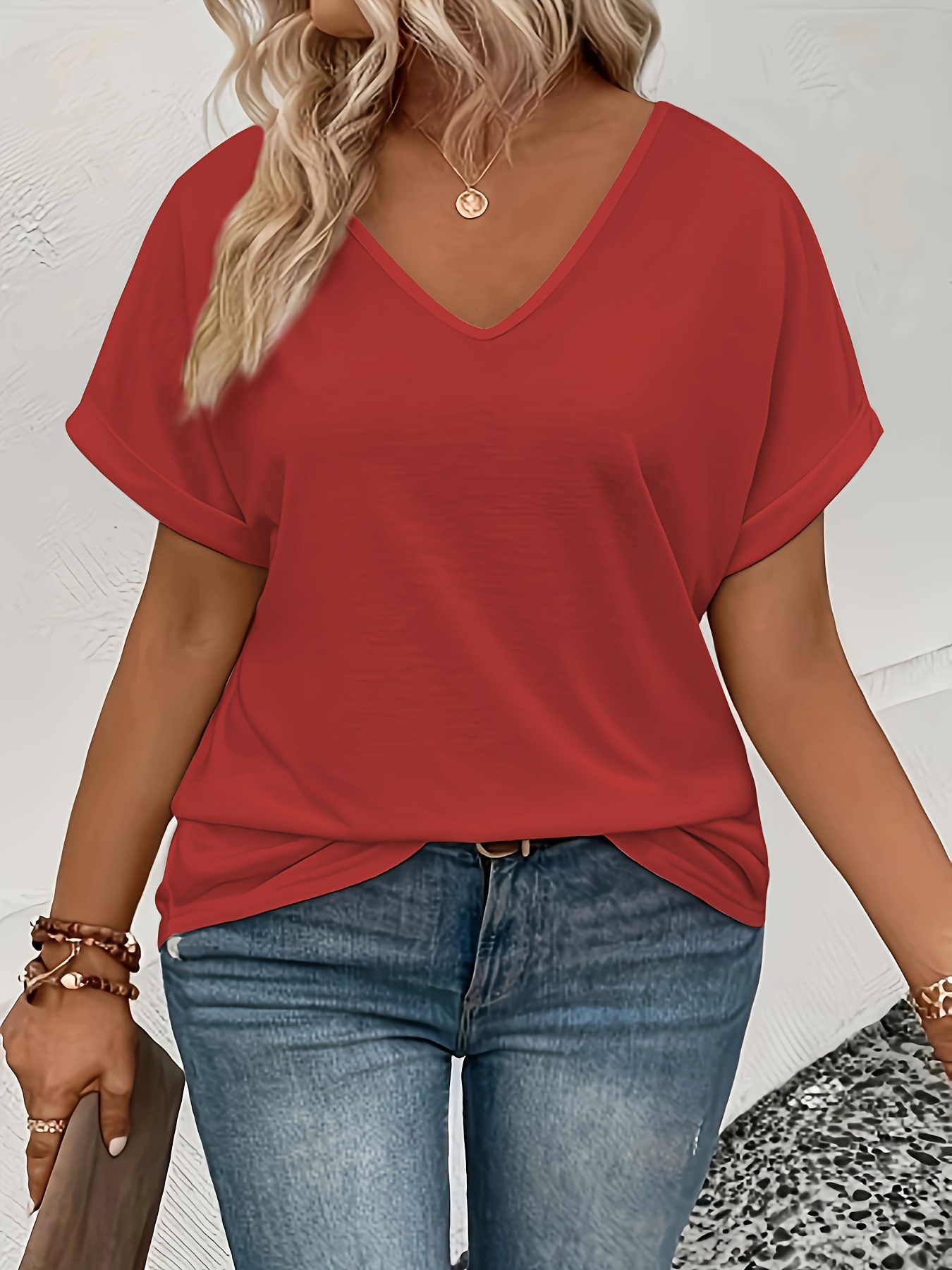 Plus Size Simple Solid T-Shirt Casual V Neck Short Sleeve T-Shirt Women's Plus Sizeclothing