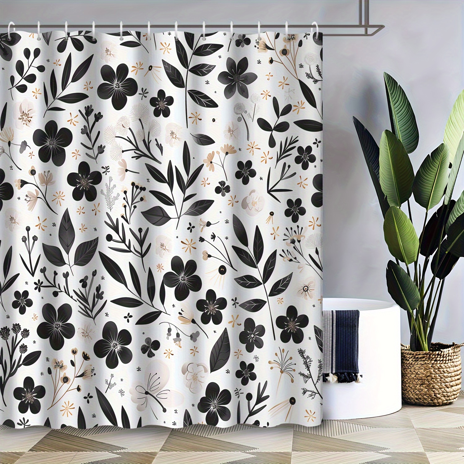 

1pc Bohemian Small And White Floral Plant Print Waterproof Shower Curtain Hotel Apartment Toilet Bathroom Shower Curtain Hanging Wall Decoration 72inch*72inch With 12 Hooks