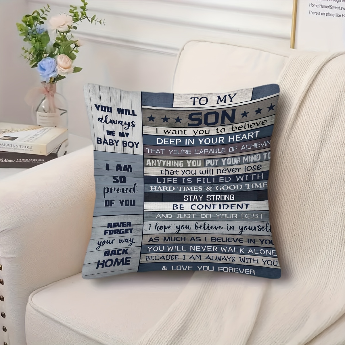 TEMU 1pc Message To Son Throw Pillow Cover - Soft Plush, Wood Grain Design With Stars & Sentiments, Zippered, Hand Wash - Ideal For Bedroom, Living