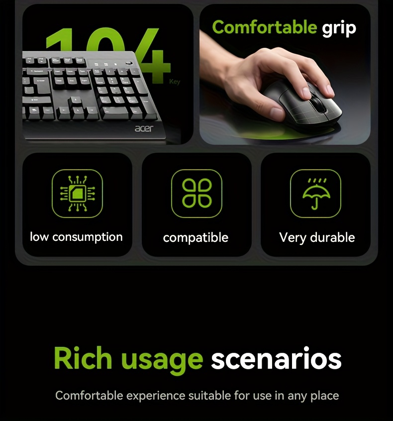 [ACER Genuine Product] High-Efficiency Wireless Keyboard And Mouse Set, Ultra-Slim Keyboard Paired with Silent Mouse, 2.4G Receiver Plug And Play, Responsive Tracking, Long-Lasting Power, Enhance Office Efficiency