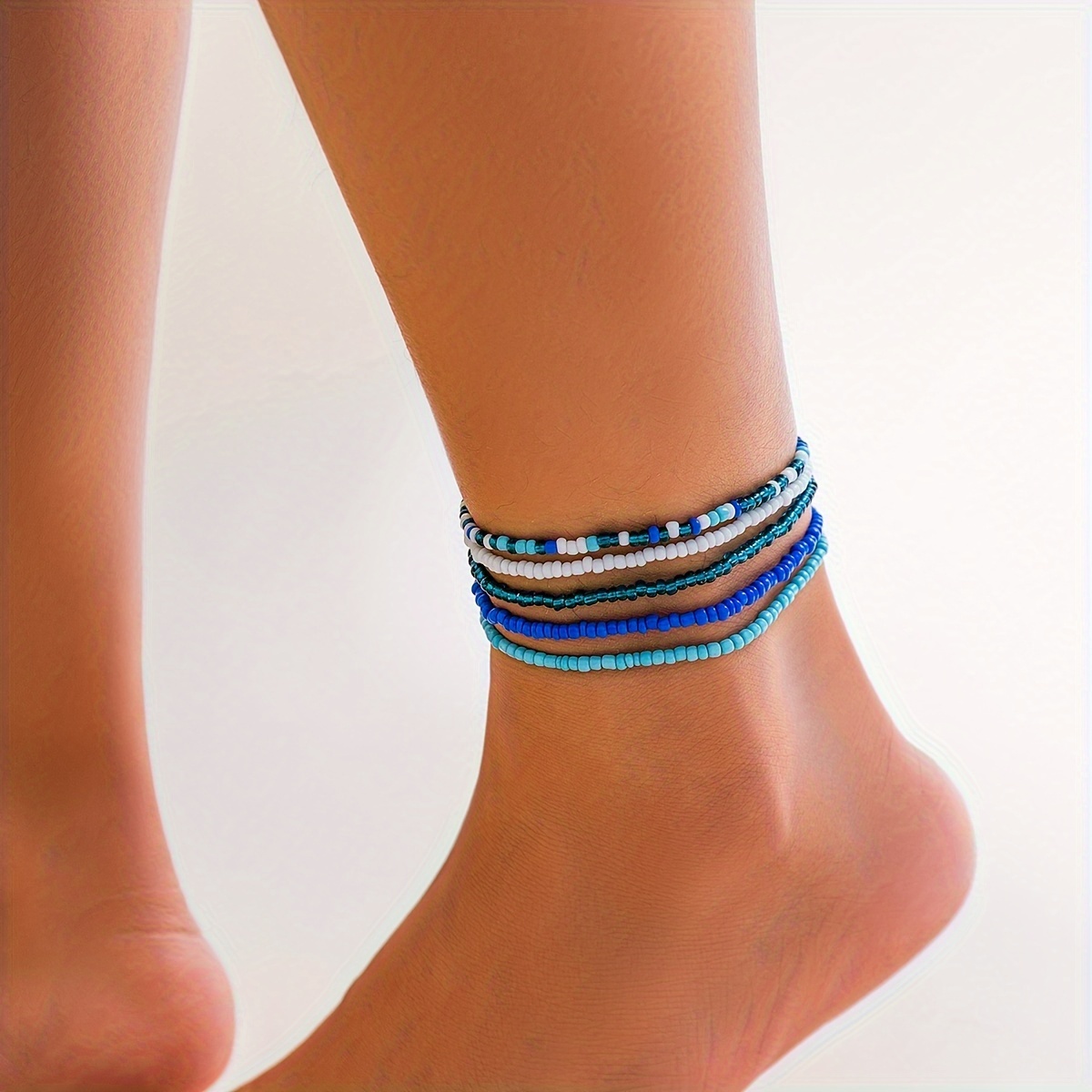 

Bohemian Style Multi-layered Mixed Color Seed Bead Anklet Chains, Beach Vacation Boho Beaded Ankle Bracelets For Casual Holiday Wear
