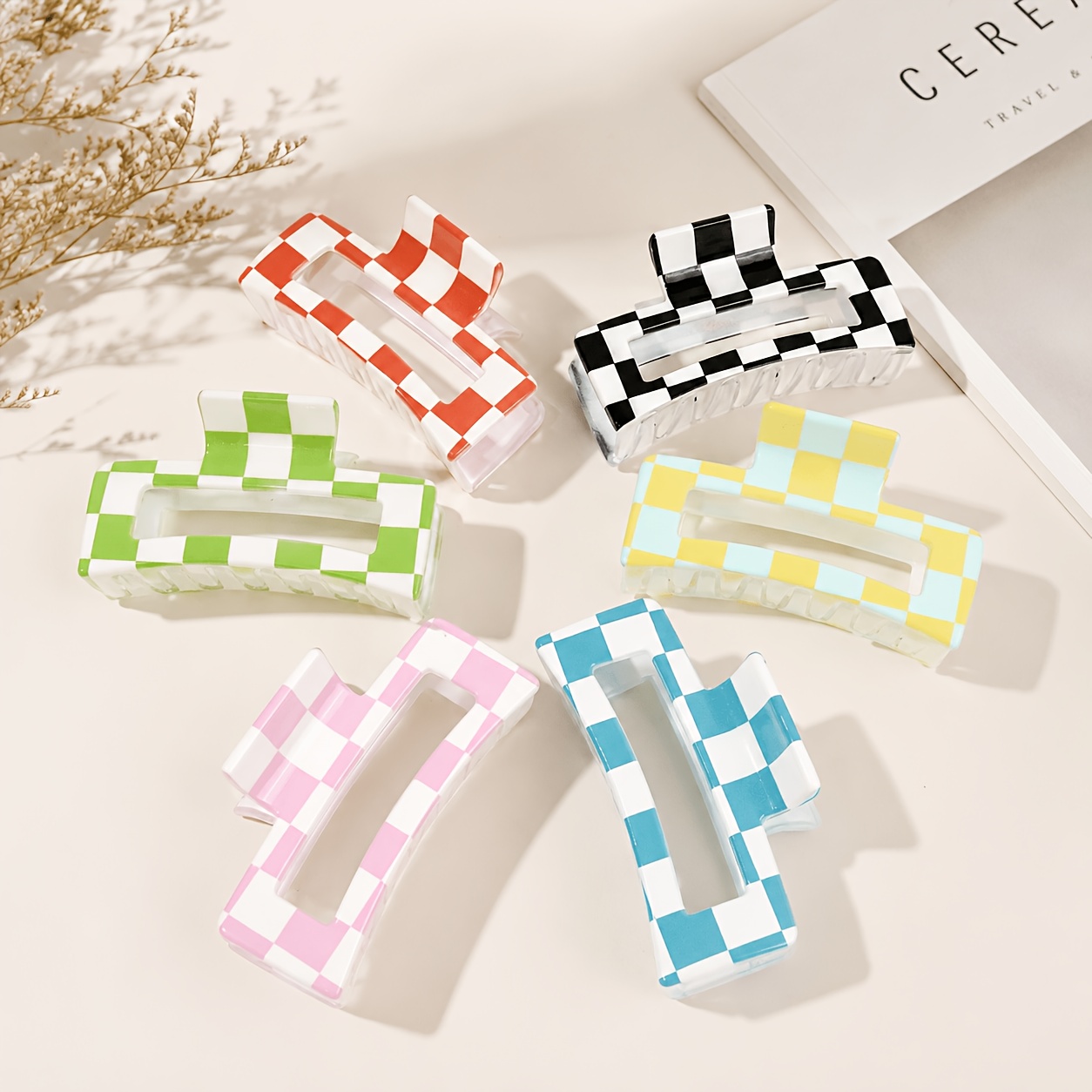 TEMU 6pcs Fashionable Rectangular Pattern Women's Hair Accessories Hair Clips - Hairpins, Elegant Colored Grid Shark Clip Hair Claw, For Thick Hair,