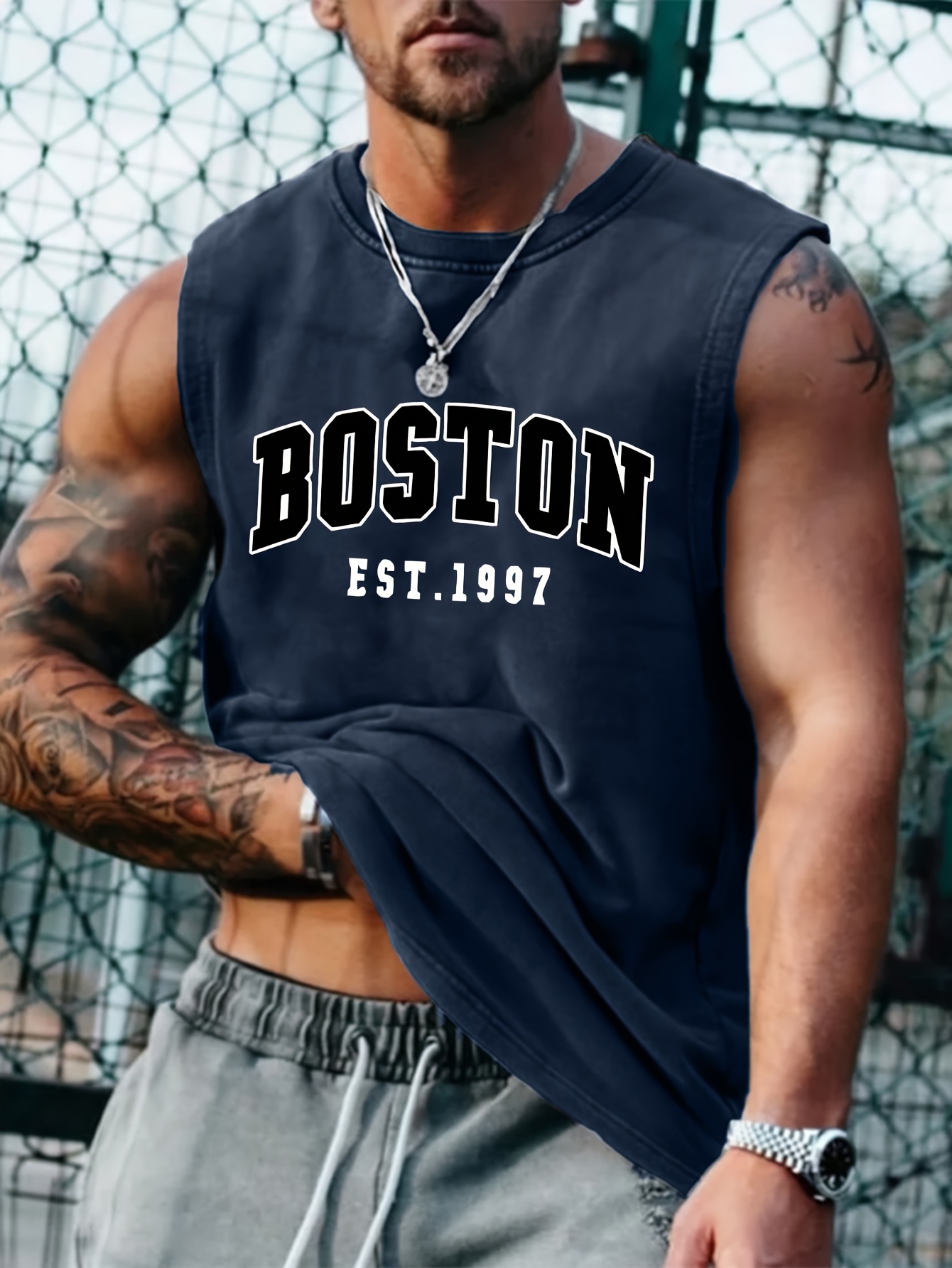 OBM Same Bond Men's Sleeveless Athletic Tank Top with Boston EST. 1997 Print - Black & Golden, Regular Fit, Machine Washable, All-Season Workout & Casual Wear, Sports Apparel, Sporty Look, Nontransparent Fabric