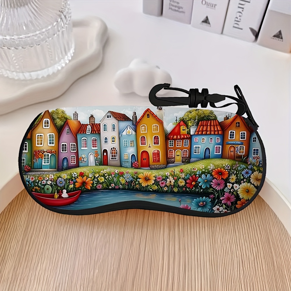 TEMU 1 pièce, Étui à lunettes ultraléger à fermeture éclair avec motif de de éclatante, motif de paysage printanier et porte-clés - Parfait pour