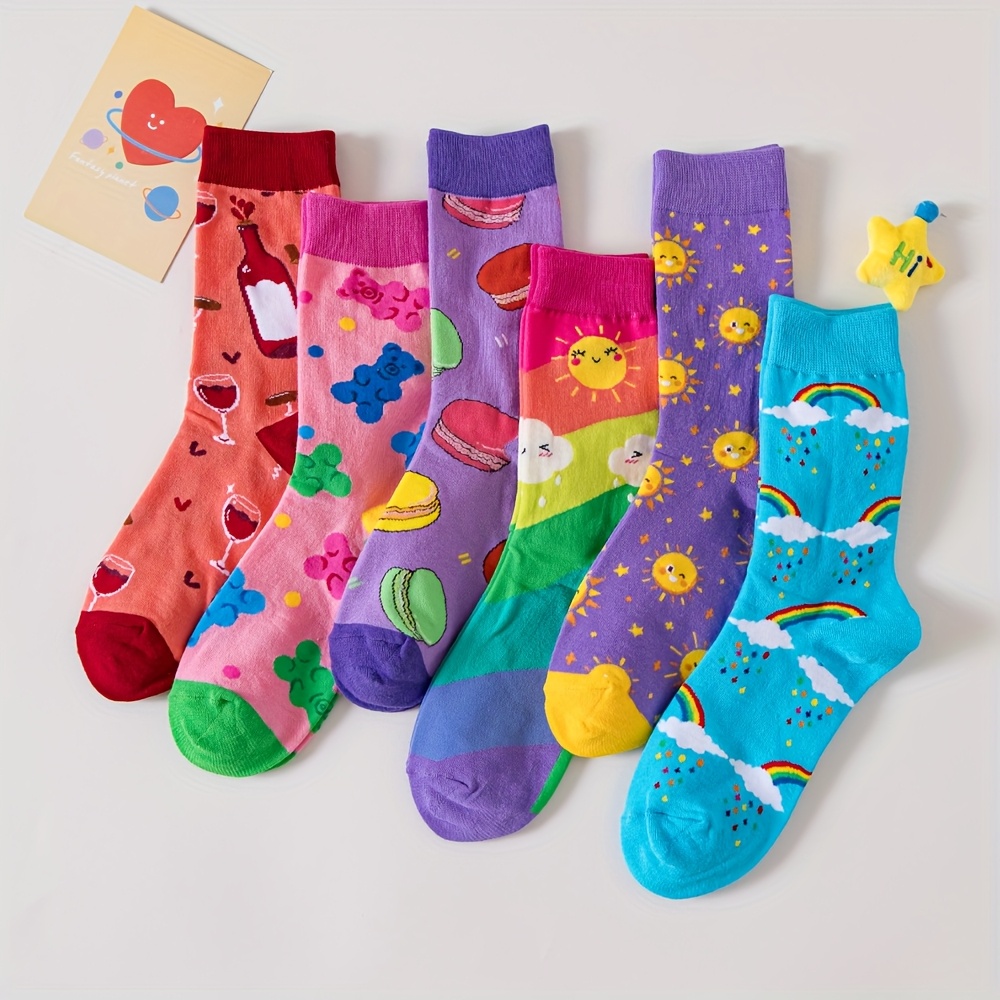 6 Pairs Of Multicolored Rainbow Sun-themed Trendy Socks