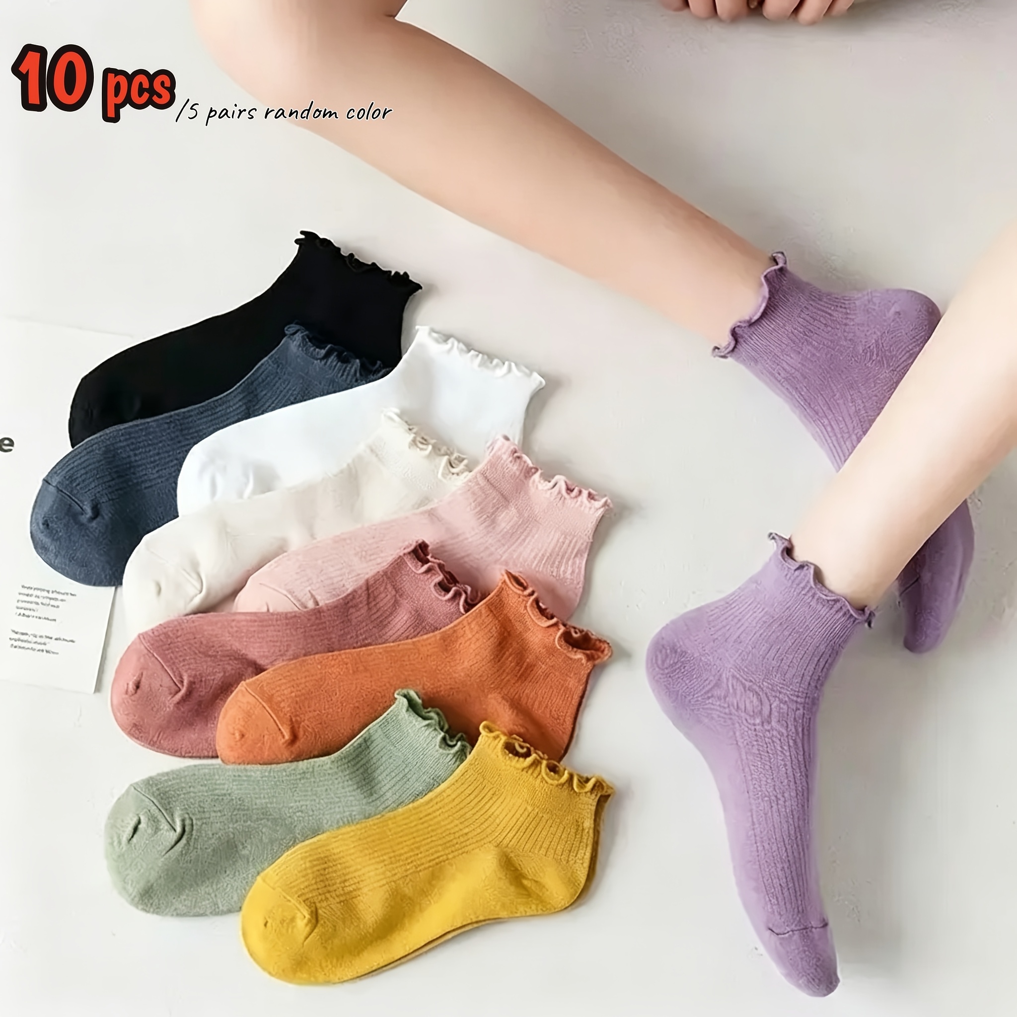 TEMU 10 pièces/5 paires de chaussettes courtes pour femme en bois à bords roulés, couleur aléatoire, confortables, mignonnes et polyvalentes,