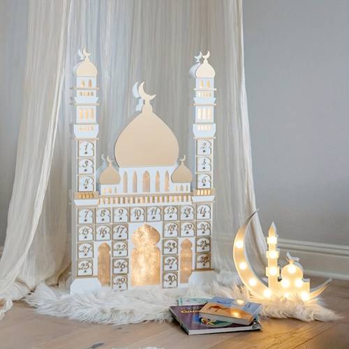 1pc Wooden Eid Festival Castle LED Light Calendar Cabinet Home Desktop Decoration Ramadan Crafts Countdown Window Decoration