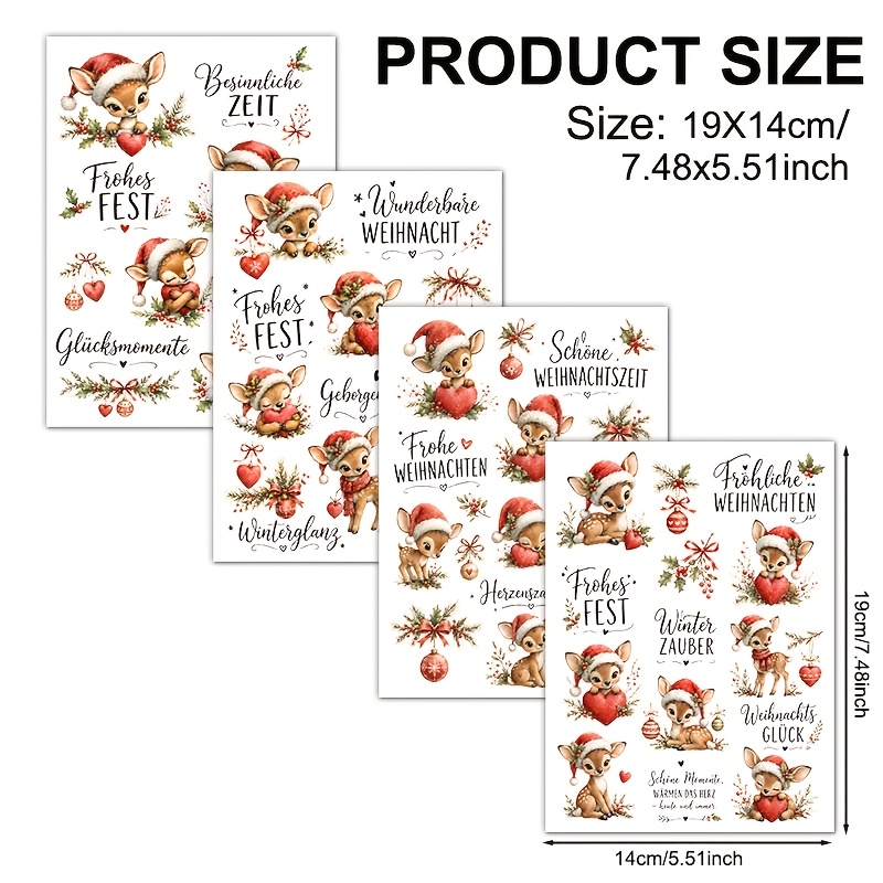 TEMU 4pcs, Christmas Red Hat Deer German Pattern, Uv Dtf Waterproof Scratch-resistant Vinyl Material, Suitable For Crafts, Cups, Bottles, Laptops,