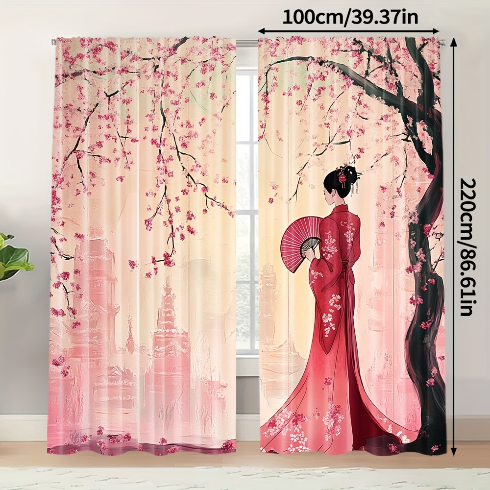 TEMU 2 pièces, Rideau Peinture à l'Encre de Geisha Japonaise et Fleur de Prunier Rouge, , Polyester, pour Chambre, Bureau, Cuisine, Salon, Bureau -