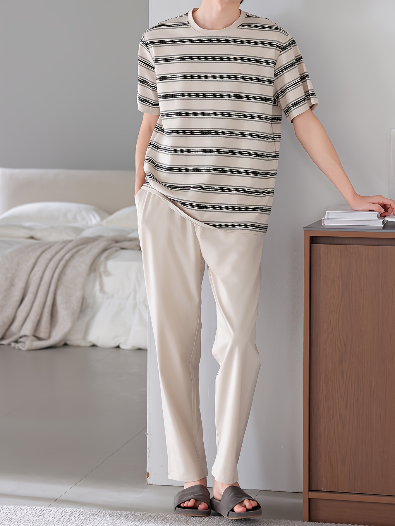 Men'S Summer Cotton Pajama Set - Casual Striped Short Sleeve & Pants, Breathable Loose Fit with Pockets, Round Neck, Lightweight for Home & Lounge Wear, Comfortable Clothing | Casual Style | Breathable Fabric