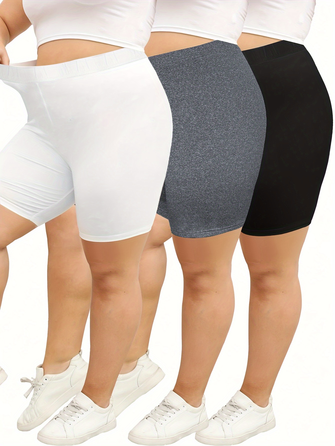 3 packs plus size solid simple skinny shorts casual elastic waist stretchy leggings for spring summer womens plus size clothing white gray black 0