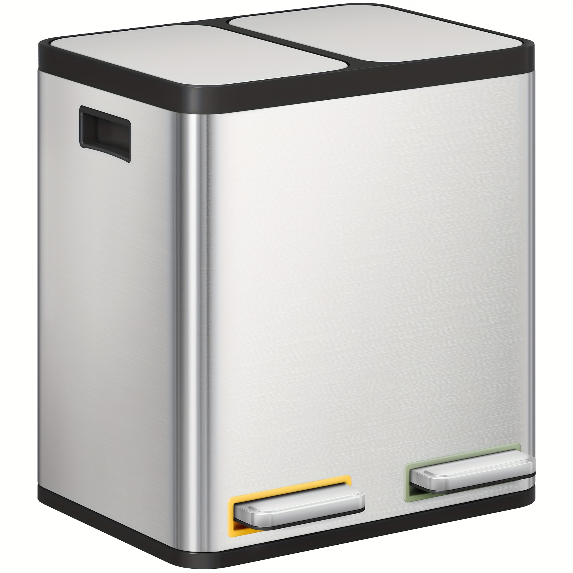 Stainless Steel Kitchen Waste Bin With A Dual Compartment System Of 30 (2 X 15 ), Featuring Color-coded Pedals And A Quiet Slow-close Lid