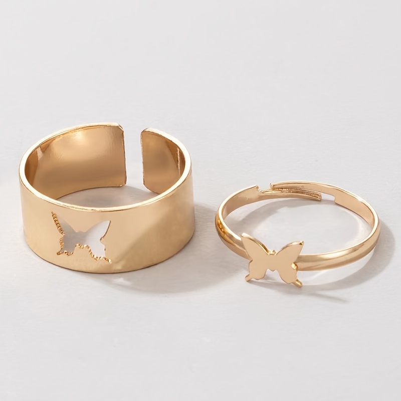 2pcs Boho Adjustable Open Ring Set Hollow Cutout Iron Couple Rings