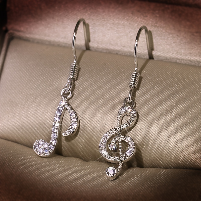 

1 Pair Music Note Asymmetrical Earrings For Women, Rhinestone Studded, Fashionable , Dangling Hook