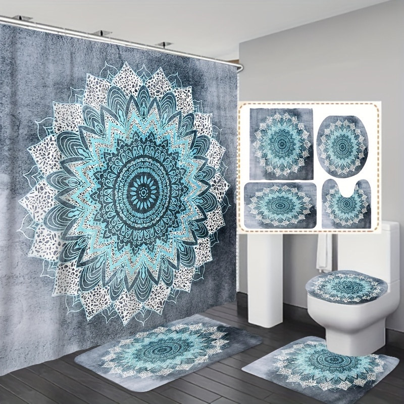 

Mandala Pattern Shower Curtain Set With Hooks, Machine Washable, Polyester Woven Bath Accessory, Fashionable Design, Includes Bath Mat, Toilet Cover, And Contour Rug - 1pc/3pcs/4pcs Options