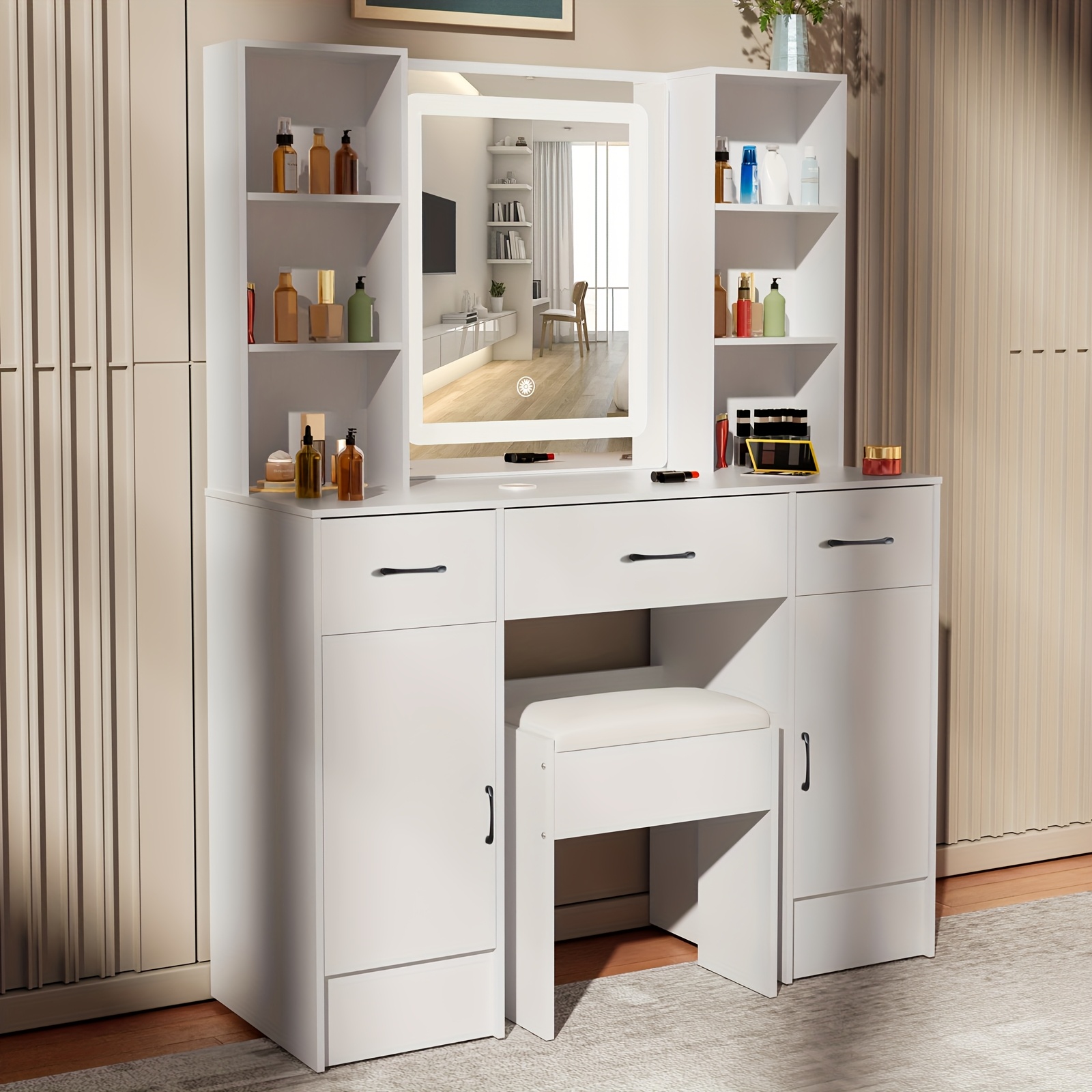 TEMU New Summer Product, Dresser With Multiple Led Bulbs, 3 Colours, Adjustable Brightness, Hd Mirror, Multiple Drawer Cabinets, Multiple Open