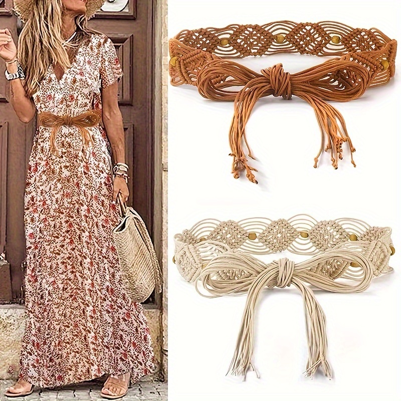 

Ethnic Style Woven Belt Vintage Bohemian Style Wax Thread Knot Belt Paired With Coat Dress Elegant Women's Waistband