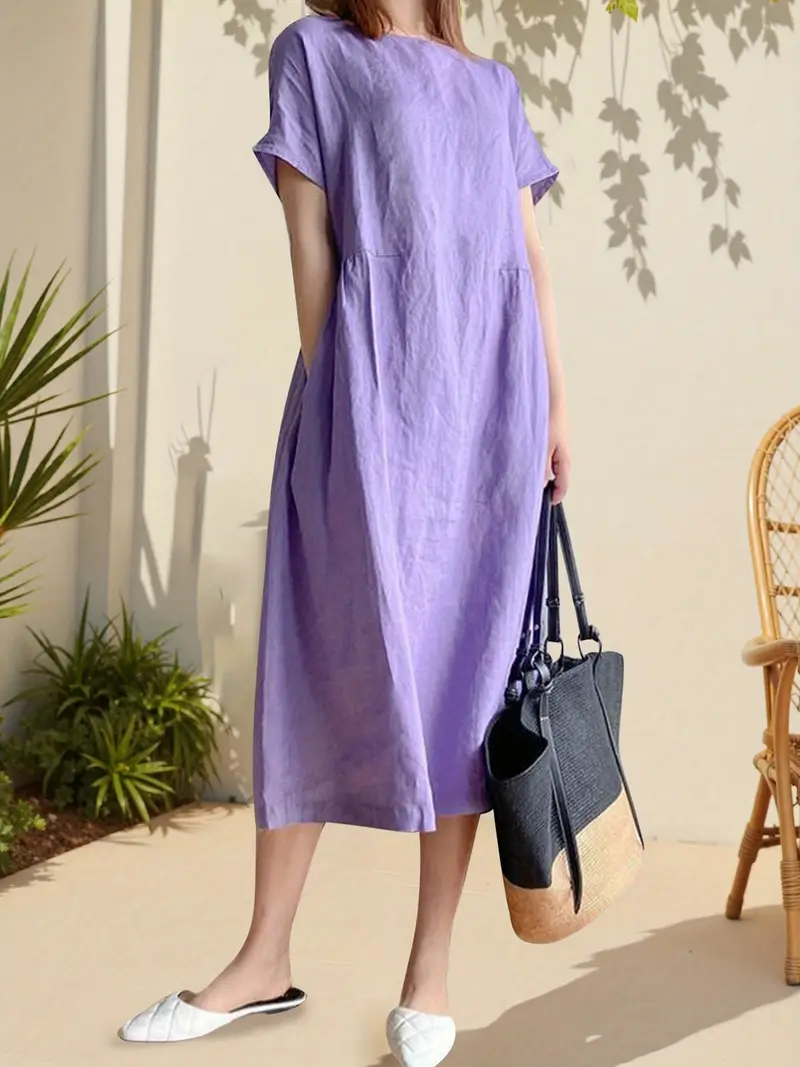womens summer casual linen midi dress short sleeve round - Temu womens summer casual linen midi dress short sleeve round - Temu