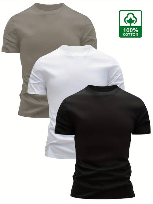 3pcs set of mens 100 t shirts crew neck short sleeve summer basics regular fabric stretch solid color 180 g m
