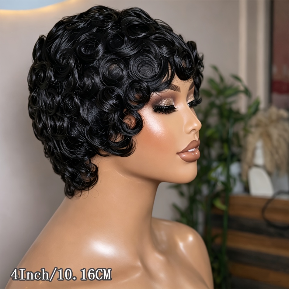 Image of Chic 4-inch Cut Curly Wave Human Hair Wigs For Women - Brazilian Human Hair, Ideal For Daily Party & Sporty & Vacation Use, New Look & Festival Celebrations, Korean Wave, Style, Cosplay Wig