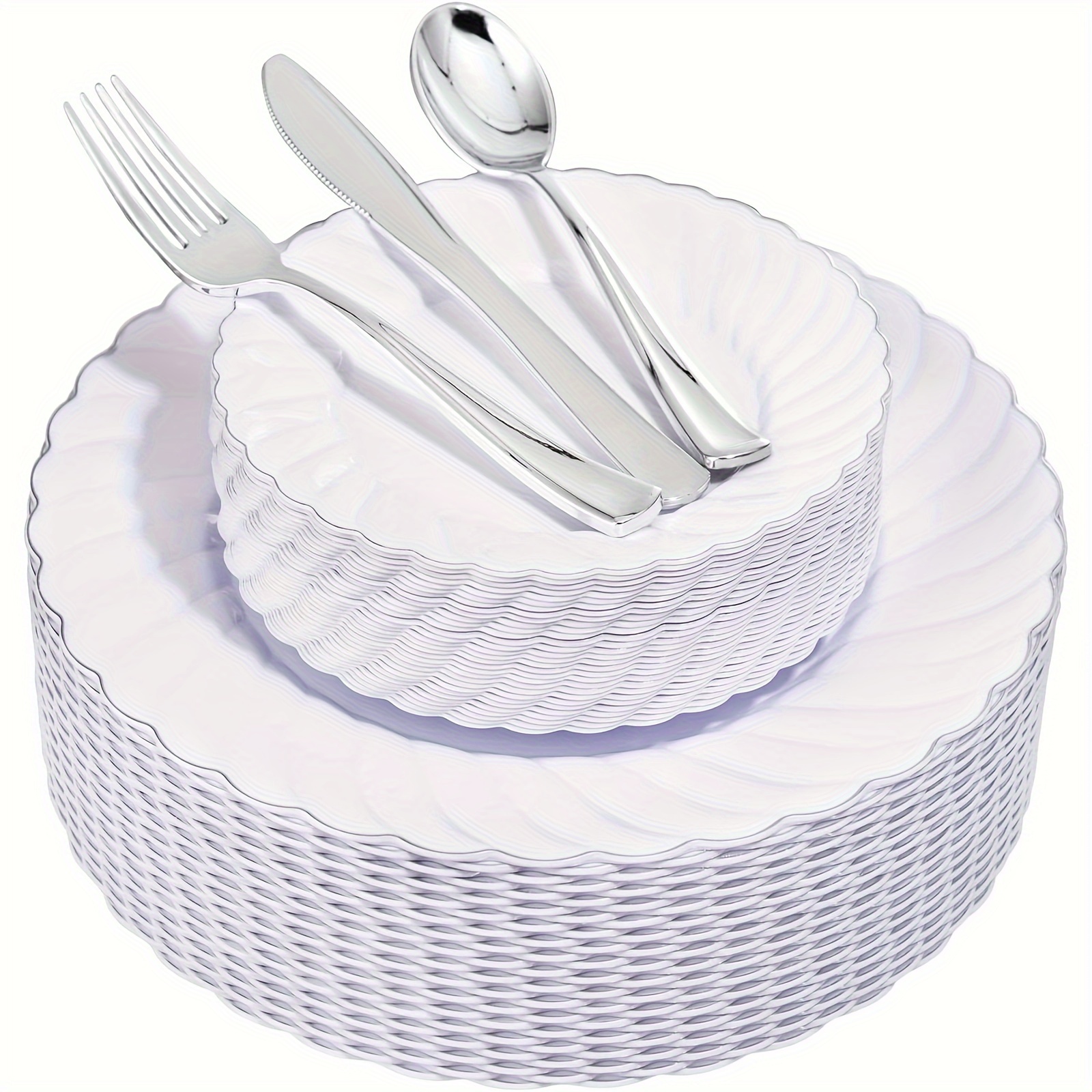 

The Set Of 150 Silvery Plastic Disposable Tableware Includes: 30 10.25- Plates, 30 6.5- Plates, 30 7.87- Silvery Knives, 30 7.4- Silvery Forks, 30 6.89- Silvery , For Banquets And Weddings.