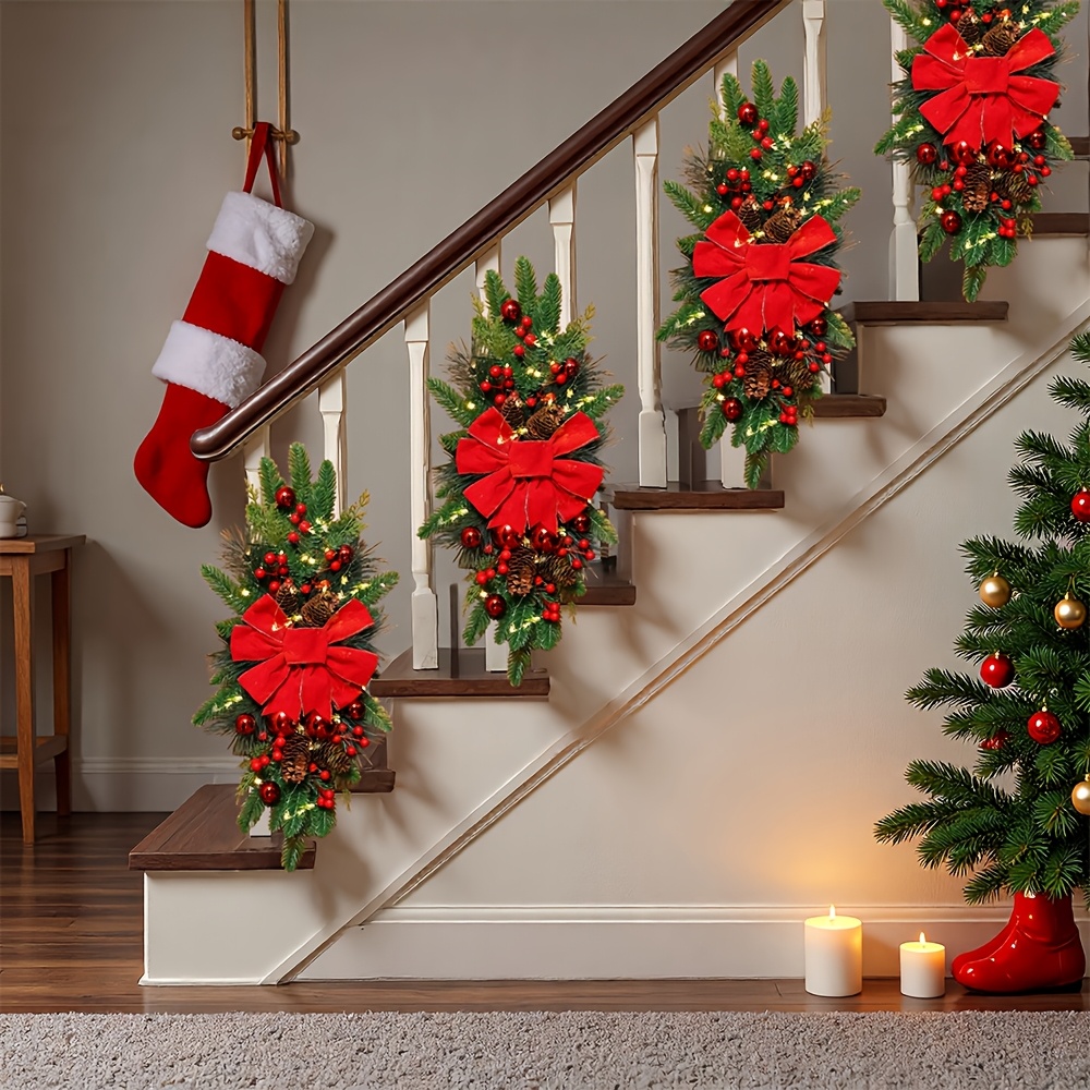 2-Pack 24-Inch Christmas Wreaths, Suitable for Doors, Stairs, Home Decor, Festive Christmas Wreaths (Red, Classic Style), Stair Hanging Wreaths, Christmas Ornaments