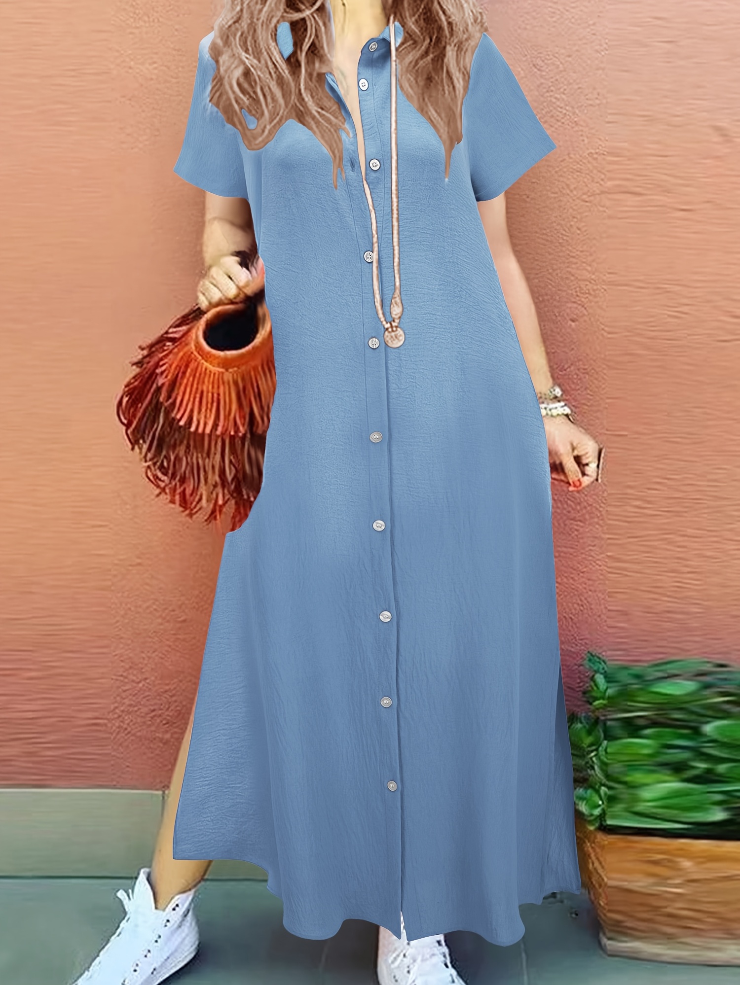 Women's Elegant Solid Color Short Sleeve Shirt Dress Button-Front Design  with Chest Pockets, Lightweight Breathable Fabric for Spring Summer Fall, V