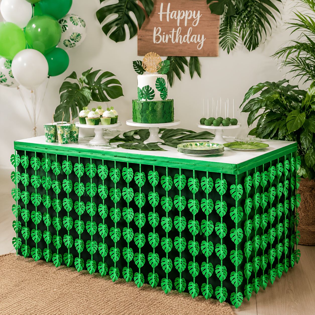 TEMU 1pc Turtle Back Leaf Tassel Table Skirt Jungle Party Decoration Wildlife Theme Leaf Glitter Table Skirt Suitable For Birthday Party, Summer,