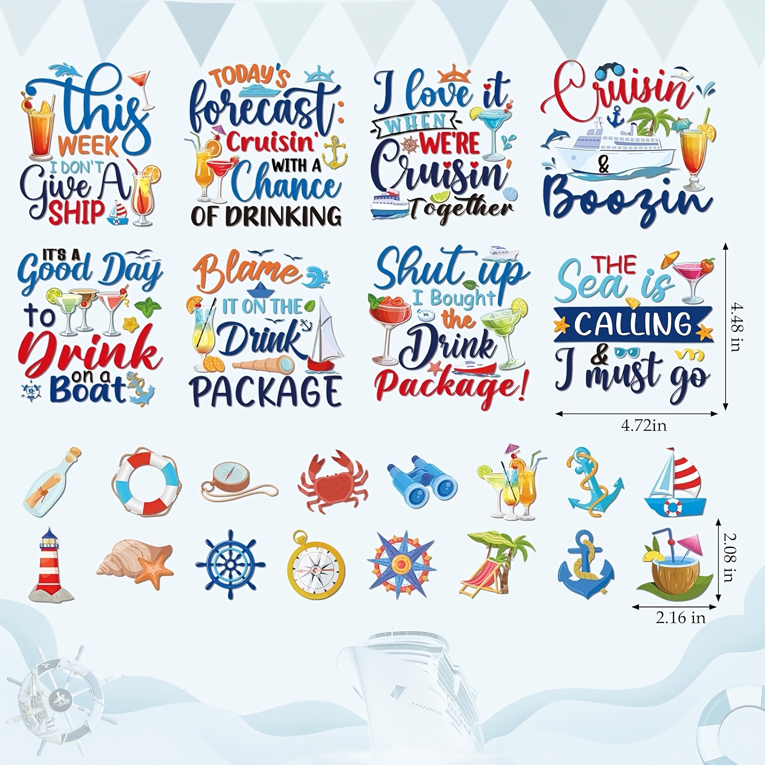 TEMU 24pcs Large Cruise Ship Magnetic Decor Suitable For Parties, Nautical Fridge Magnets With Anchor, Palm Tree, Nautical Phrases & Cruise Sayings -