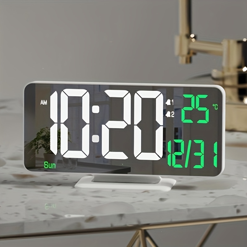 TEMU 1pc Alarm Clock For Bedroom, 6. 7" Desk Digital Clock, Led Clock, Mirror Clock, Dual Alarm Clock For Living Room With Seconds, Date, Week,