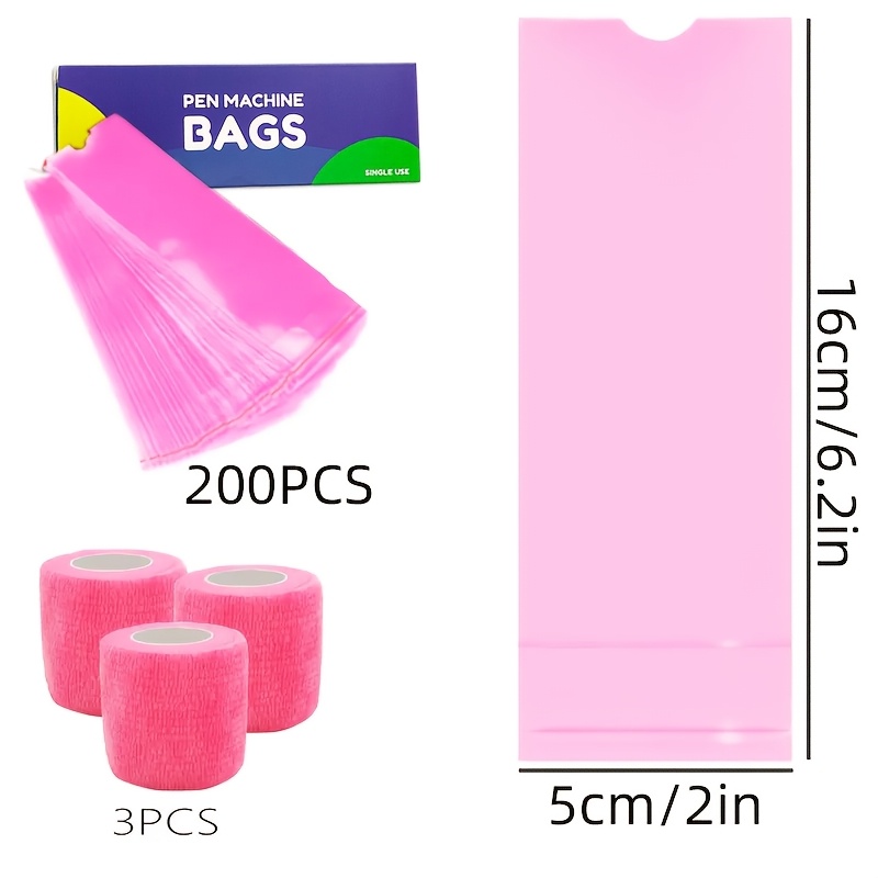 Image of 203pcs Tattoo Pen Bag And Bandage Set, Including 3 Pink And 200 Tattoo Pen Bags