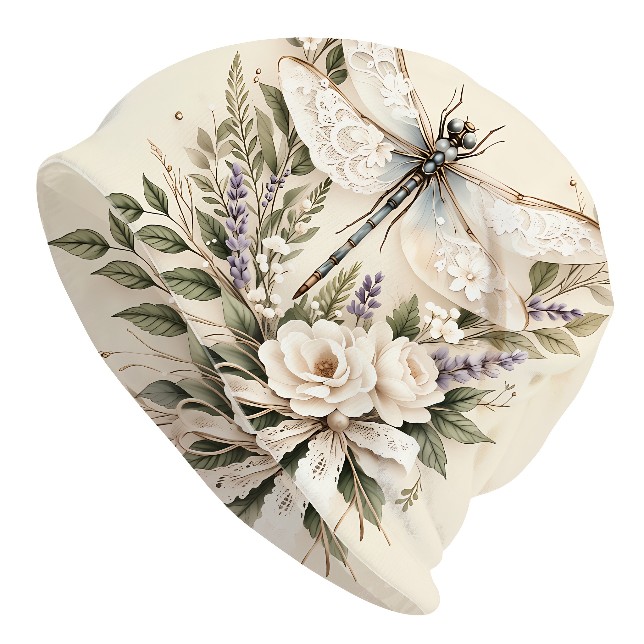 TEMU Cream Lace Beanie With Dragonfly & Rose Print - Soft Stretchy Hat Suitable For Floral Fans, Breathable Lace For Birthdays, Casual Wear, Everyday