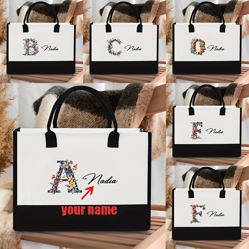 

Customizable Large Canvas Tote Bag - Personalized Name & Monogram Design, Shopping & Beach , Polyester With Fixed Shoulder Strap, No Closure