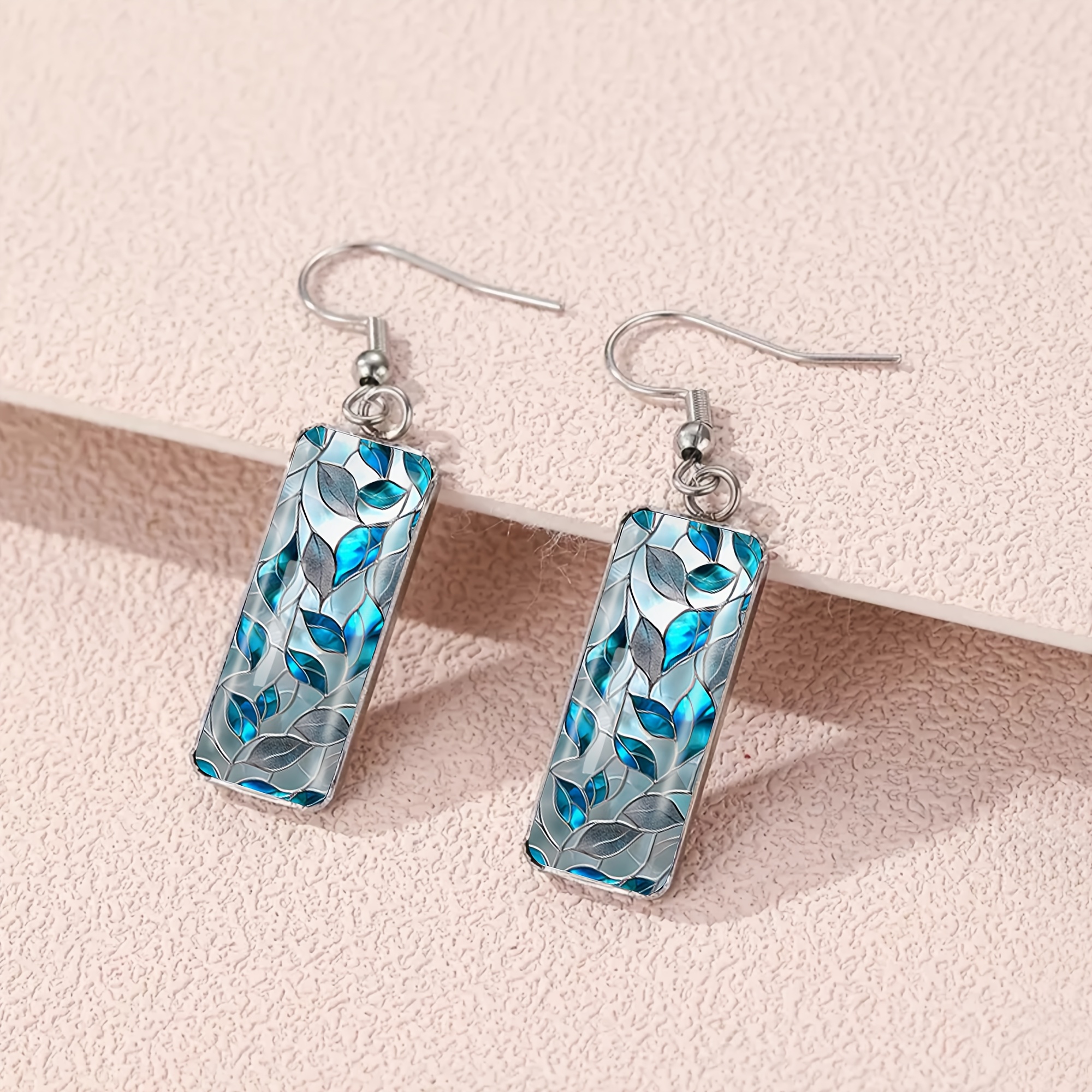 Blue Simulated Stained Glass Leaf Pattern Long Earrings