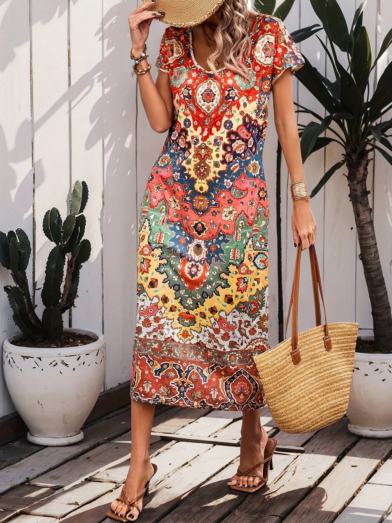 bohemian style crew neck dress Boho Short Sleeve Dress