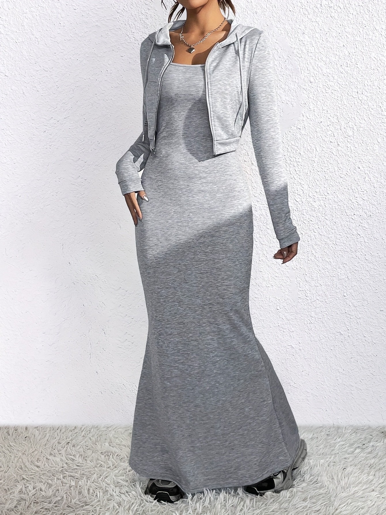 elegant polyester knit dress set hoodie solid color zippered - Temu