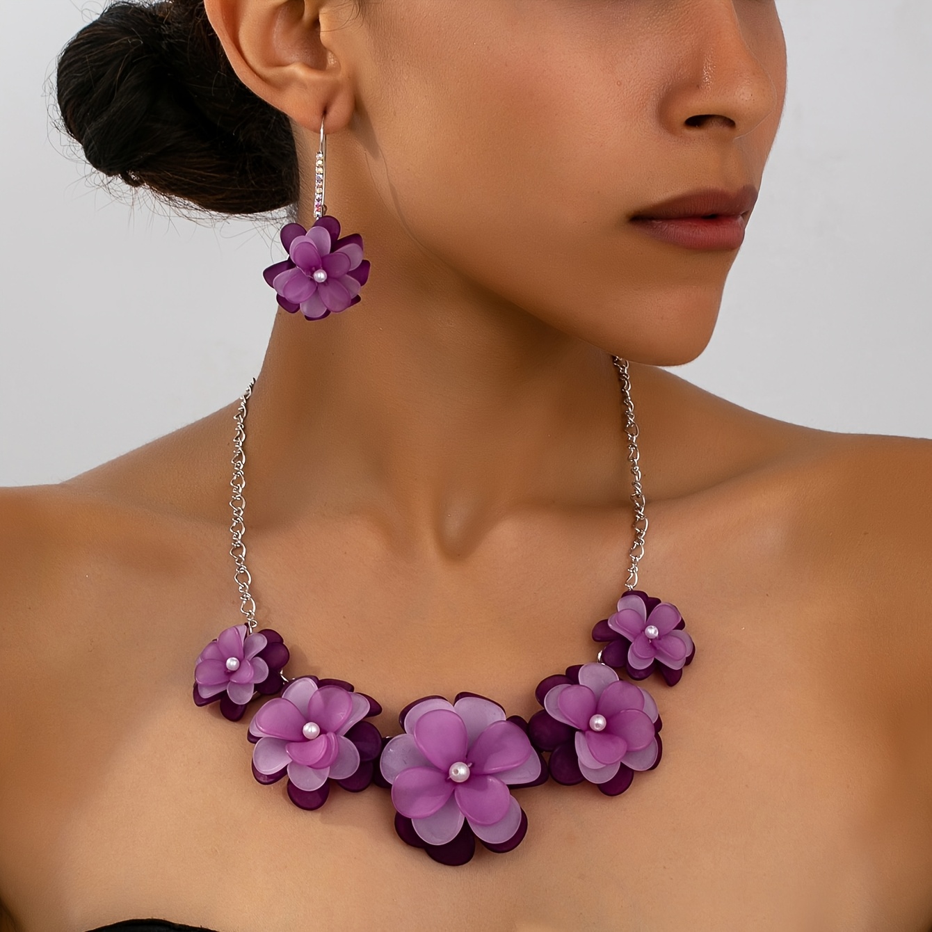 set womens elegant large purple flower necklace earrings Temu