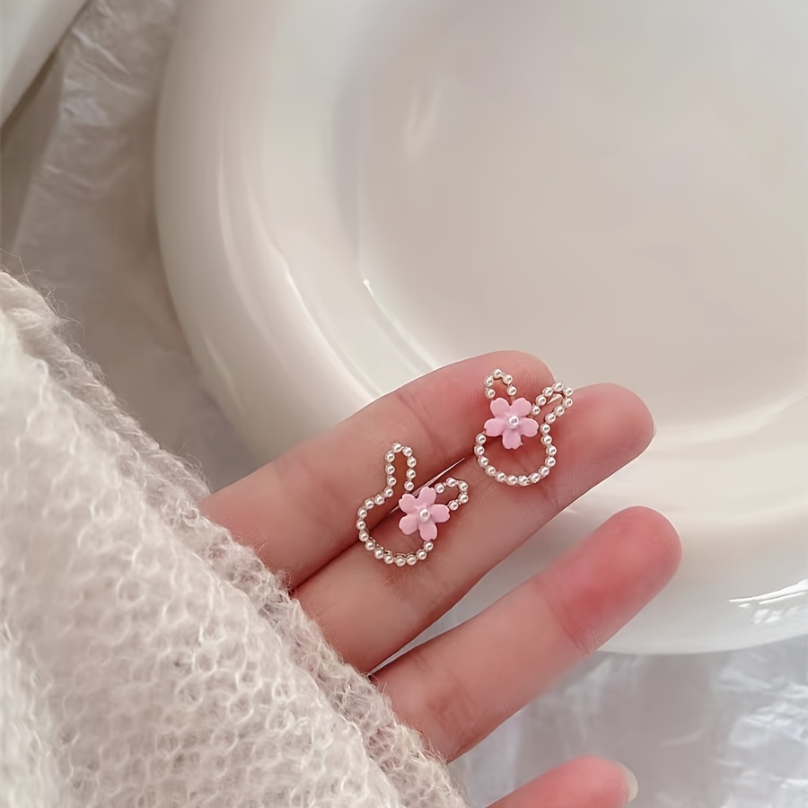 cute bunny ear stud earrings pink flower pearl Temu Mauritius