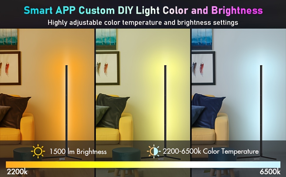 Smart Modern RGB LED Floor Lamp with Music Synchronization And 16 Million Colors, Perfect for Gaming Rooms, Living Rooms, Bedrooms, And Offices, in Black