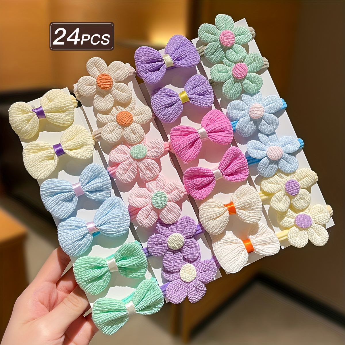 Image of 24pcs Women's Multicolor Flower Bow Hair Ties, Sweet And , High Elasticity And Hair-friendly, For Ponytails And Braids. Suitable For Daily Casual Wear, Hair Accessories