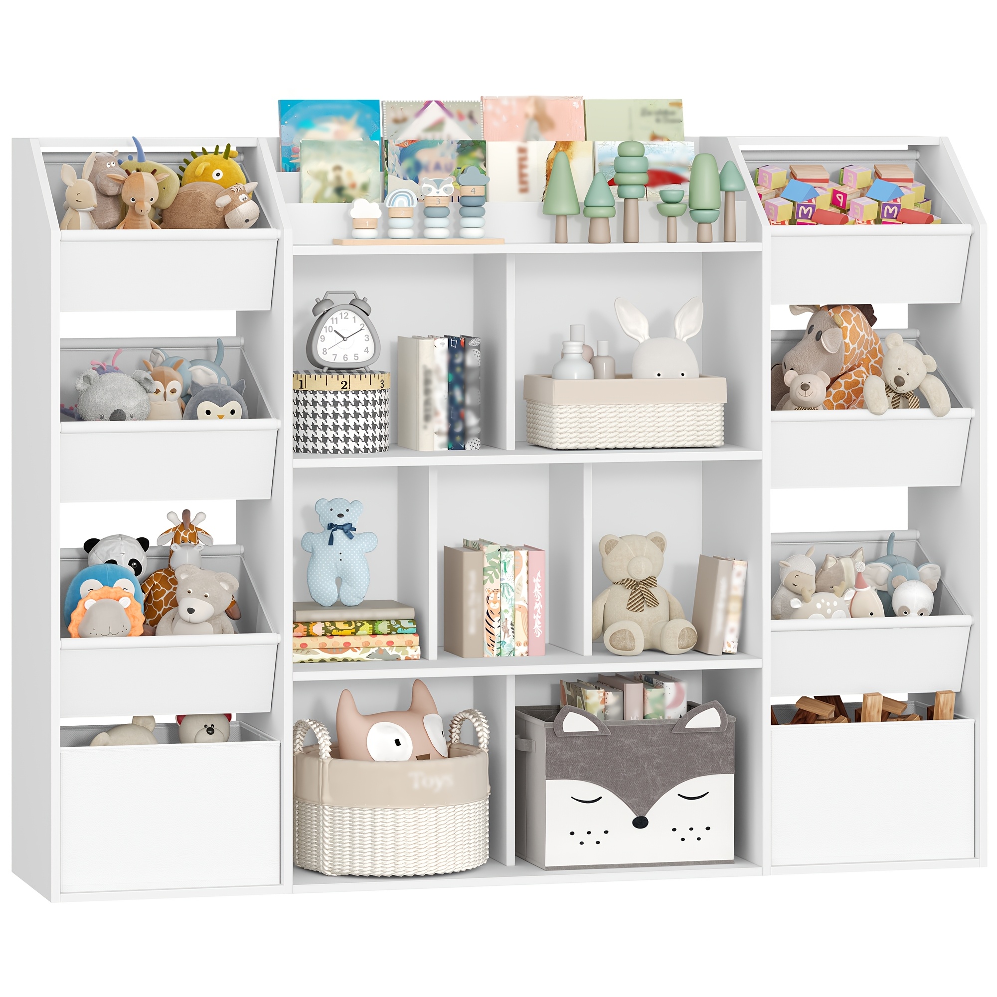 Shelf, Shelf With 8 Fabric Drawers, Bookcase, For Room, Living Room, Study, White, 30 X 130 X 100 Cm