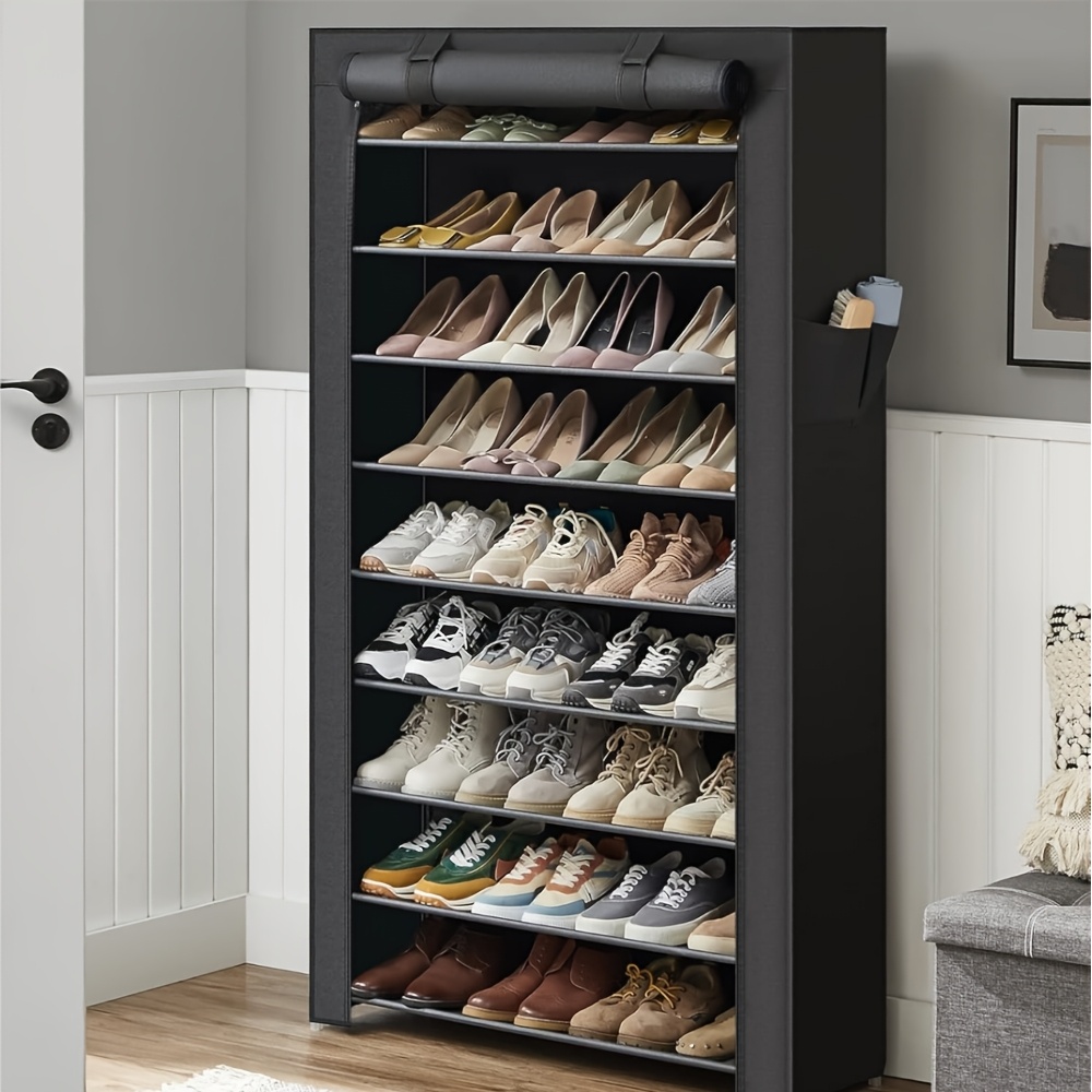 TEMU Storage Box Shoe Rack, 10 Tier Shoe Organizer With Cover, Shoe Storage Shelf For 27-35 Pairs Of Shoes, Entryway, Suitable For Sneakers, High