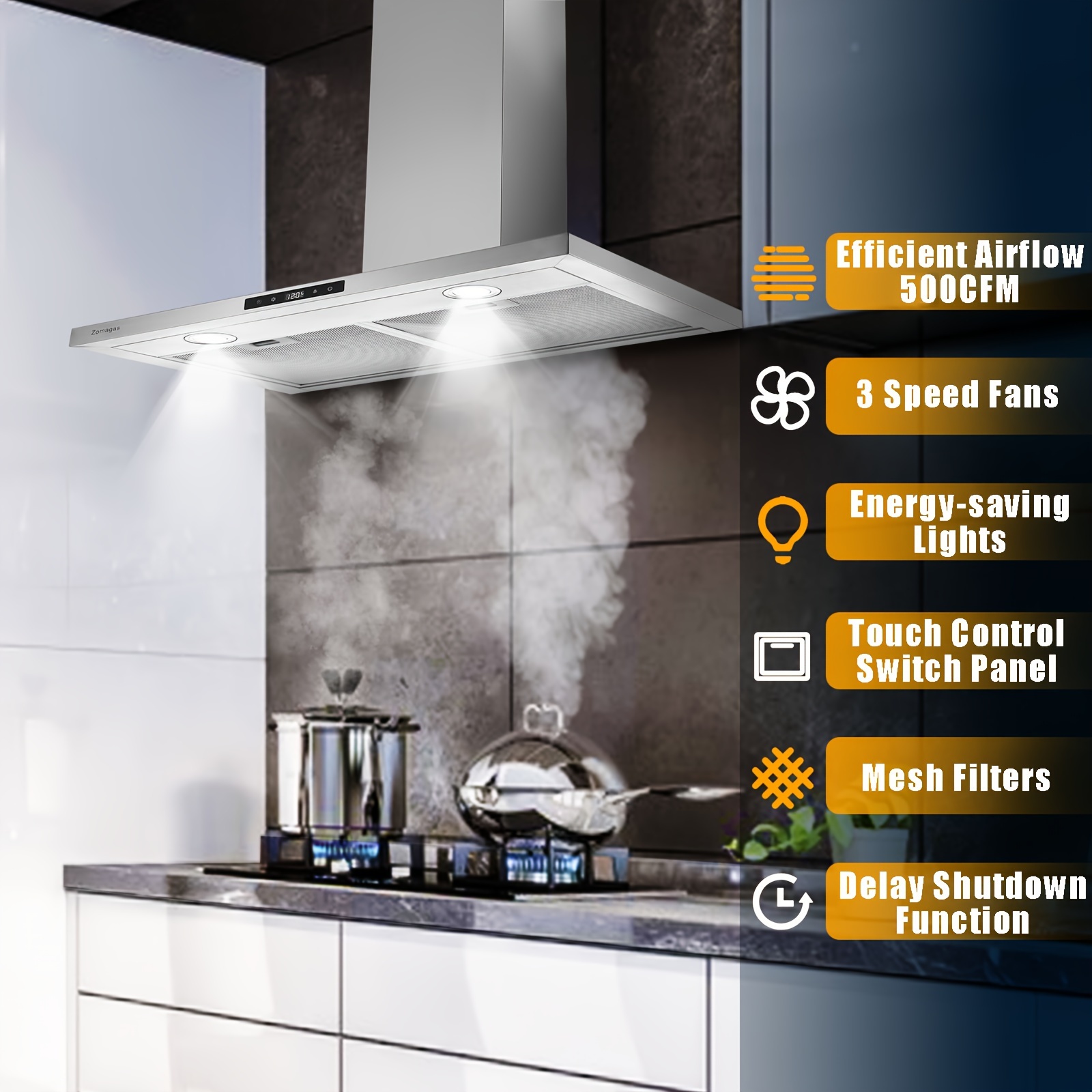 

Range Hood 30 Inch, Wall Mount Stove Hood In Stainless Steel With 3 Suction Speeds, Ducted/ductless Convertible Duct, 5-layer Aluminum Filters, Touch Control, 2 Led Lights Vent Hood