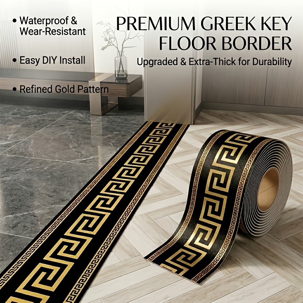 TEMU Plinthes et bordures de à motif clé grec, motif métallique doré argenté, auto-adhésives, imperméables et résistantes à l', 2,1 mm d'épaisseur,